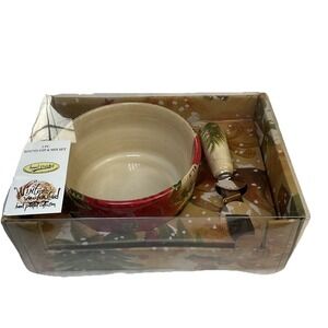 Winter NEW 2 Piece Dip Set Bowl & Spreader by Hand Painted Christmas Holly  Tree
